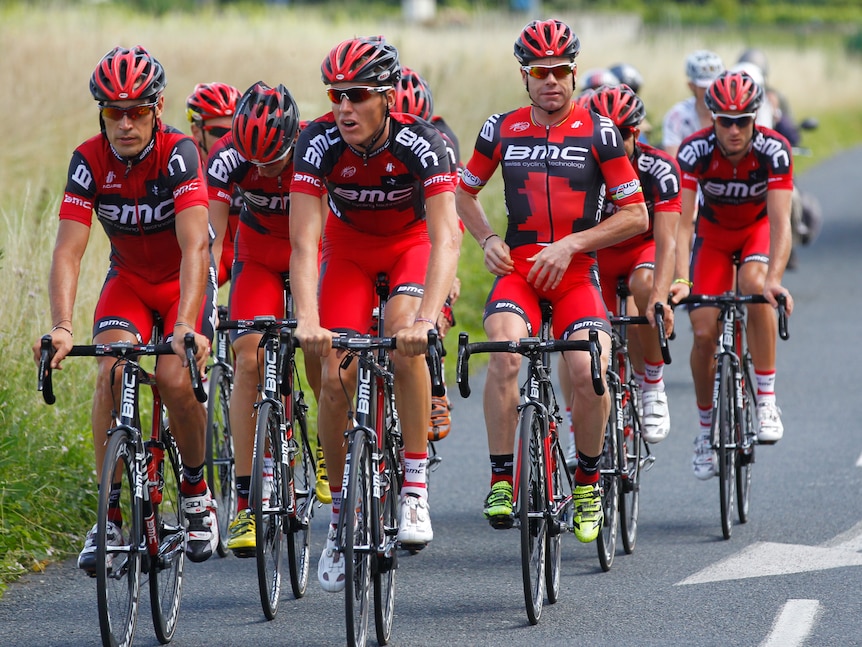 Cadel Evans, third from right, training with BMC team mates