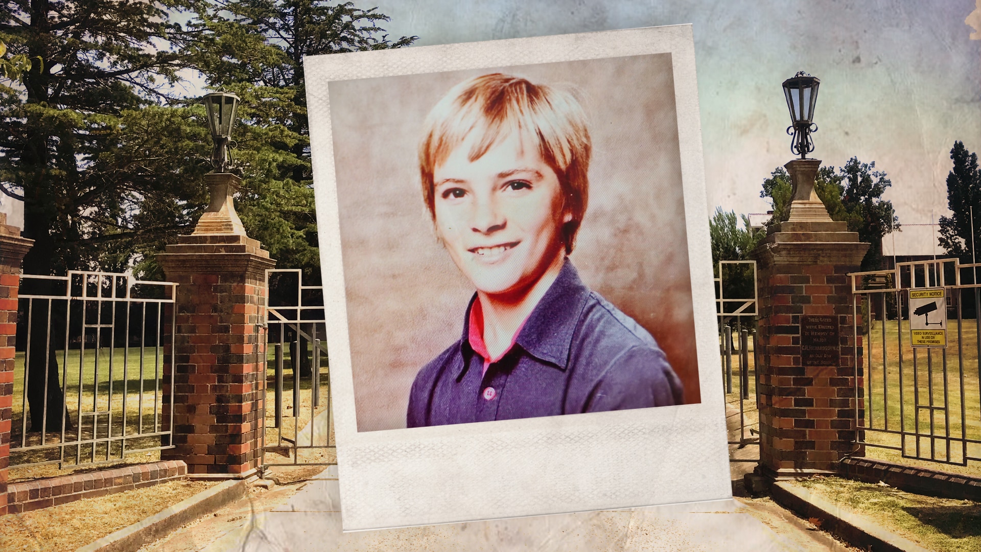 A photo of a boy with blonde hair smiling at the camera is layered over a photo of a historic school building.