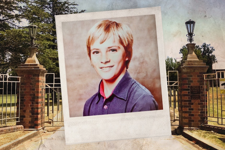 A photo of a boy with blonde hair smiling at the camera is layered over a photo of a historic school building.