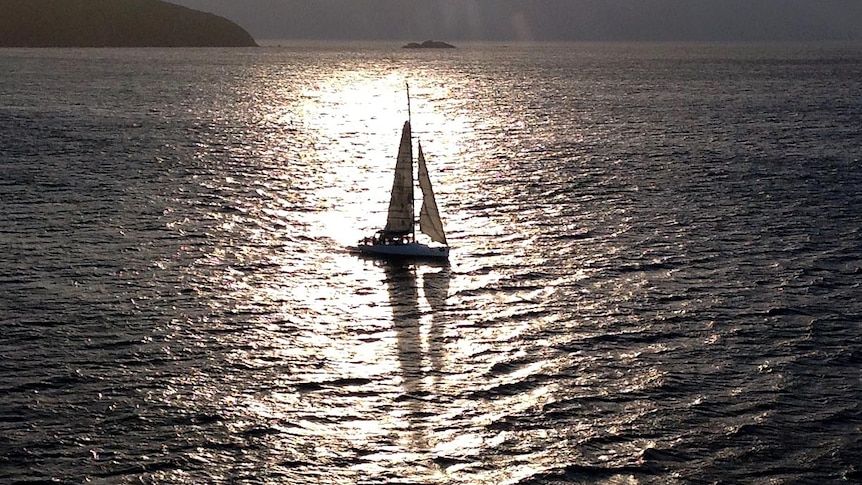Sydney to Hobart overall winner, Victoire, sails through Storm Bay as it approaches Hobart.