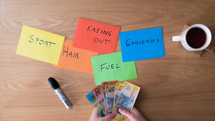 Coloured envelopes with sports, hair, eating out and groceries written on them.