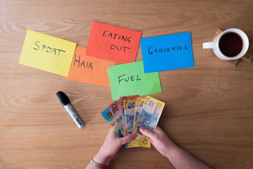 Coloured envelopes with sports, hair, eating out and groceries written on them.