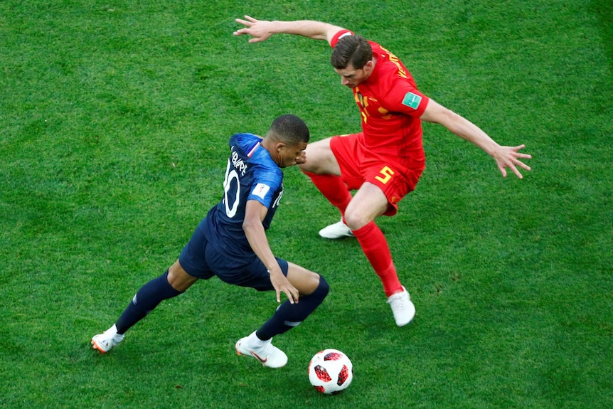 Kylian Mbappe looks to get past Jan Vertonghen