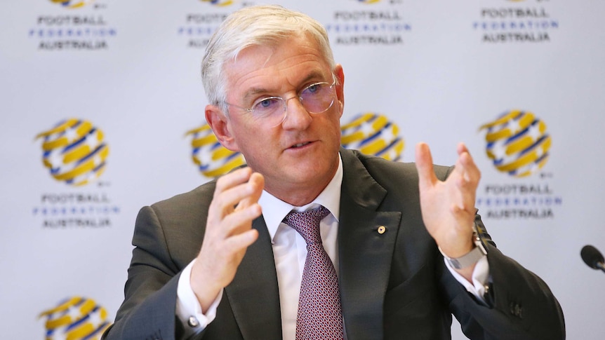 FFA Chairman Steven Lowy gestures during a media conference on broadcasting rights in December 2016.
