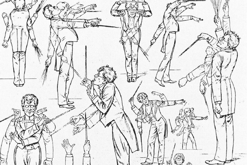 Caricatures of Mahler's many bizarre conducting poses