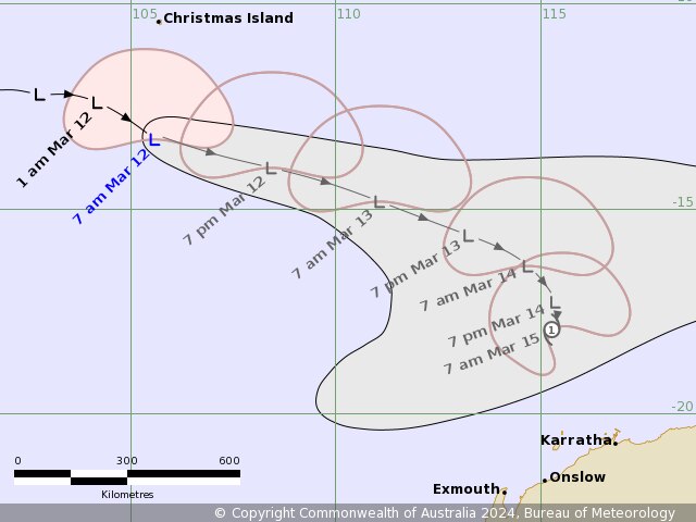 A map showing the likely path of a tropical low pressure system.