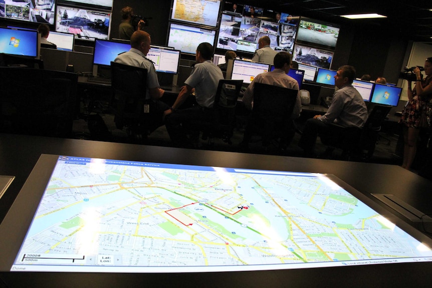 Map of Brisbane in the G20 Operations Centre at the Queensland Police HQ at Roma Street, Brisbane.