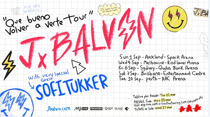Hand drawn poster on a grid exercise book page detailing the J Balvin and Sofi Tukker 2024 Australian tour