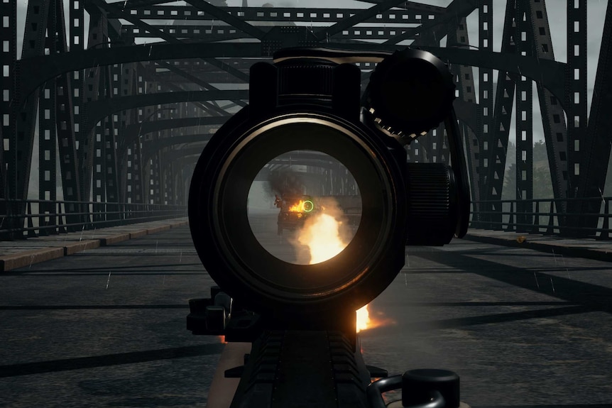 A view through the telescope of a gun in the PC game Playerunknown's Battlegrounds