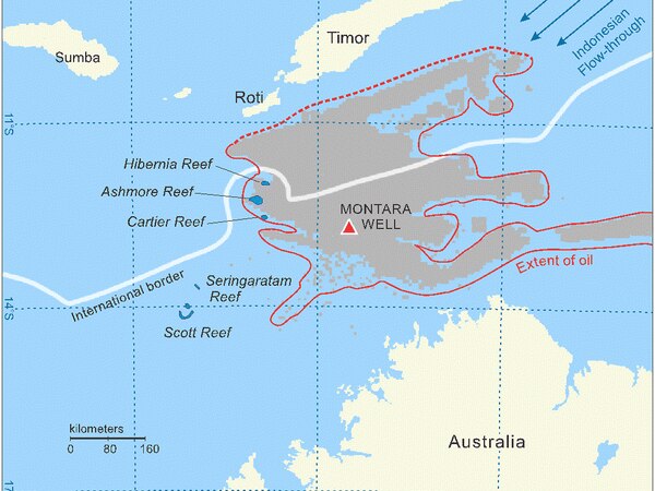 A map showing a grey splodge between East Timor and Australia where oil spread.
