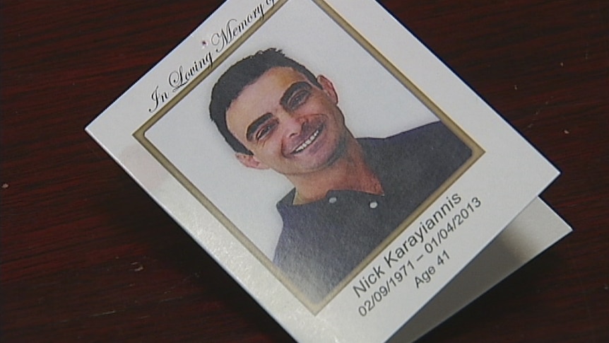 Memorial card for Silverwater jail murder victim Nick Karayiannis