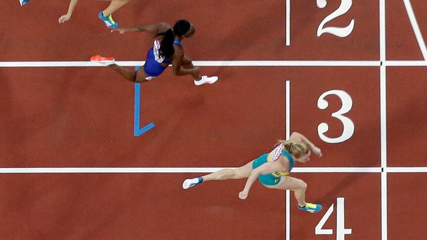 An overhead shot of Sally Pearson crossing the line first in the 100m hurdles.