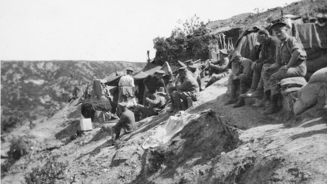 Members of the 4th Battalion AIF at the Shrapnel Gully Quarter Master store in Gallipoli May 24, 1915.