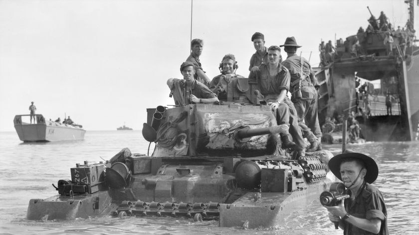 Matilda tanks of 2/9th Armoured Regiment coming ashore at Green Beach (Muara Beach), June 10, 1945.