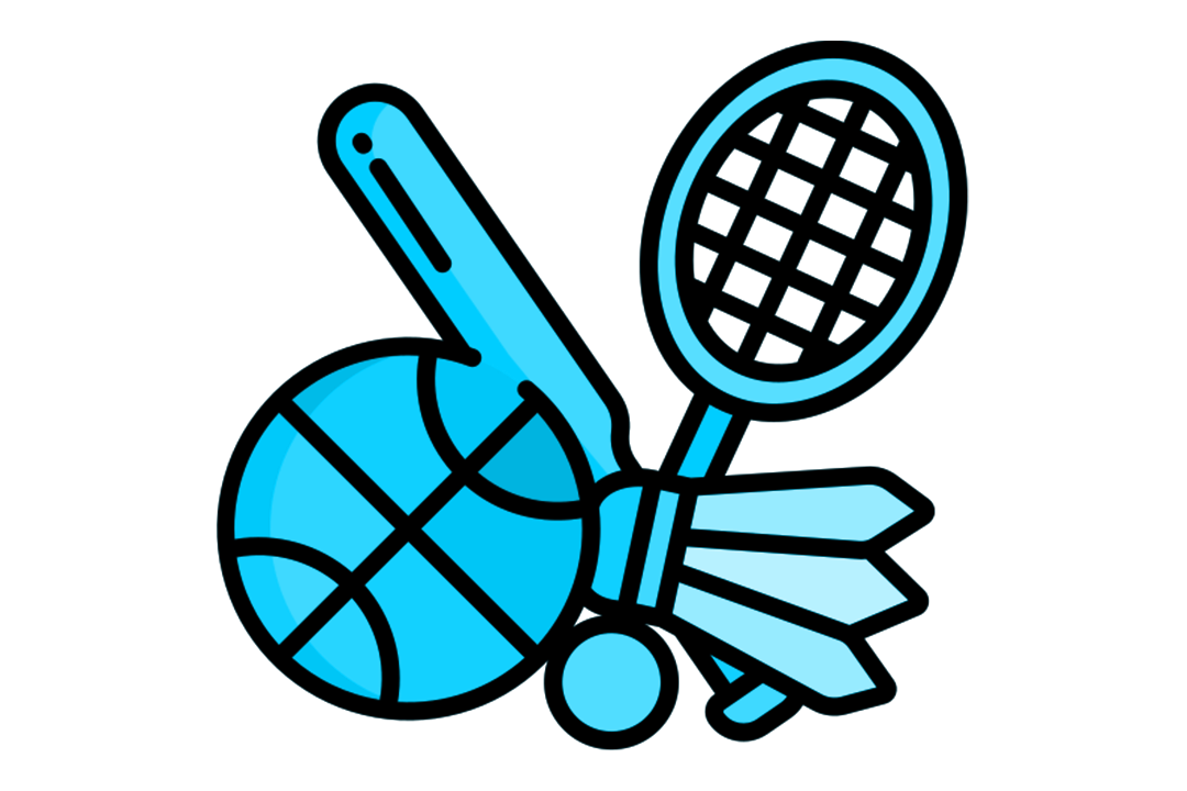 A graphic of various sports equipment piled up over the words 'sports and recreation'