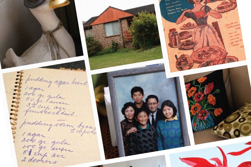 A collage with a family photo, handwritten recipe, and family home from the zine 'The Happy Place: A True Story in 11 Recipes'