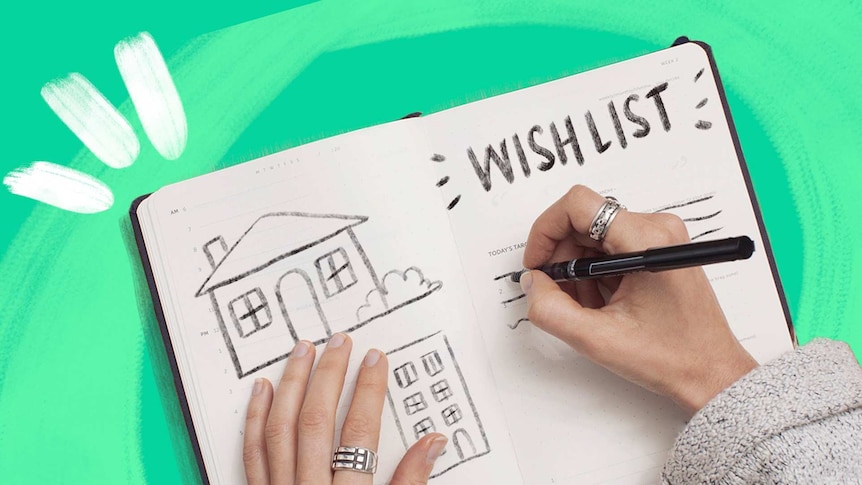 Woman creating her home wish list with a notebook to depict an article about a 5-step house buying checklist.