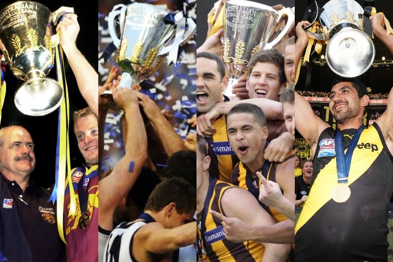 Players and coaches from Brisbane in 2001, Geelong in 2011, Hawthorn in 2013 and Richmond in 2019 with the premiership cup