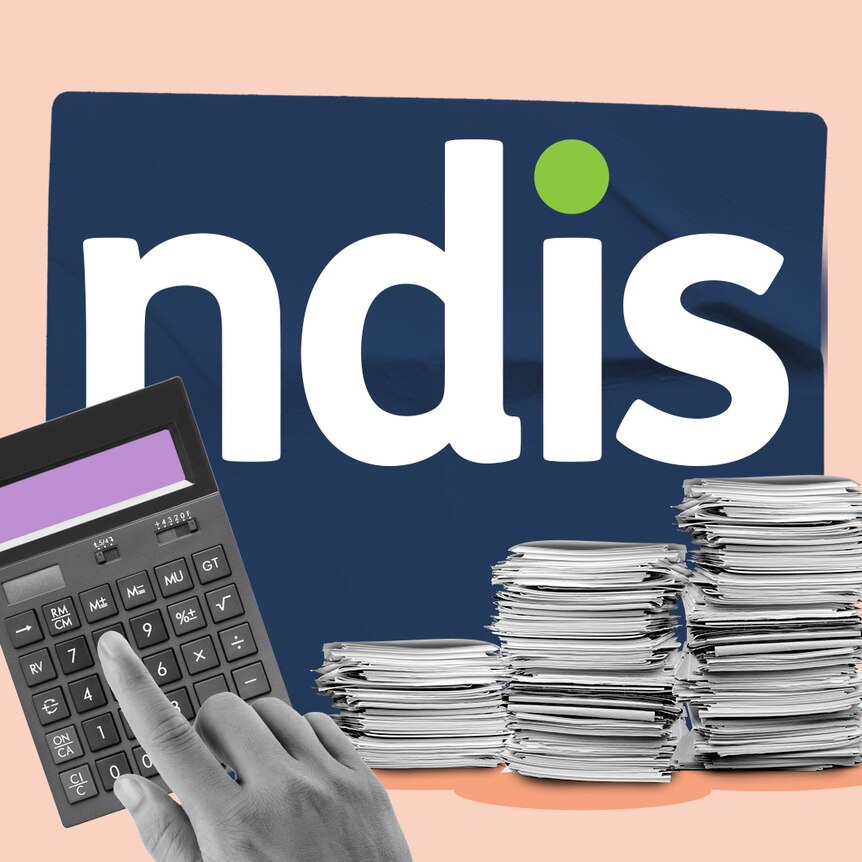 A graphic image showing the NDIS logo, a hand on a calculator, and stacks of folders.