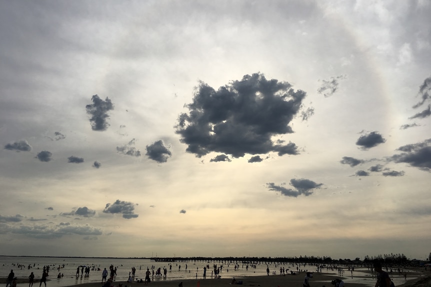A large number of people wade in shallow water and on the sand at dusk with a low grey cloud surrounded by a sun halo.