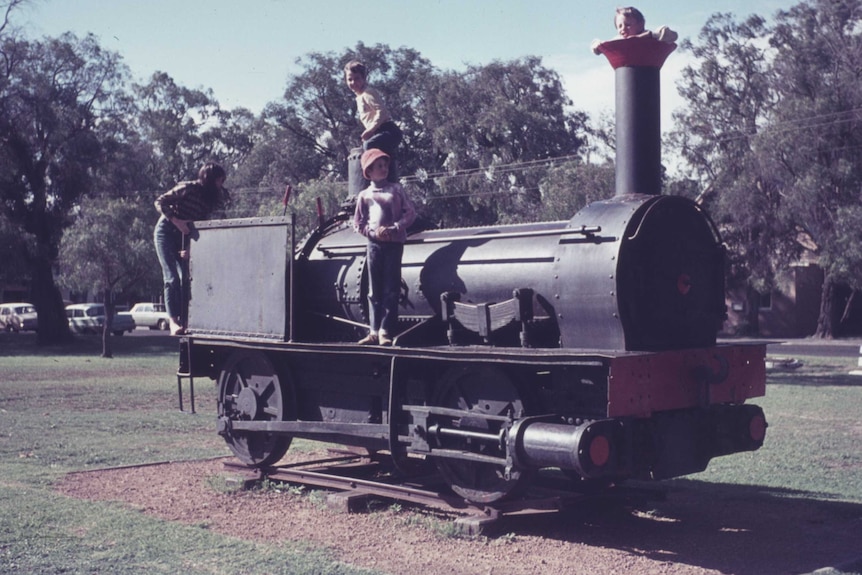 Children clamber on the Ballaarat Locomotive in Busselton in the 1960s.