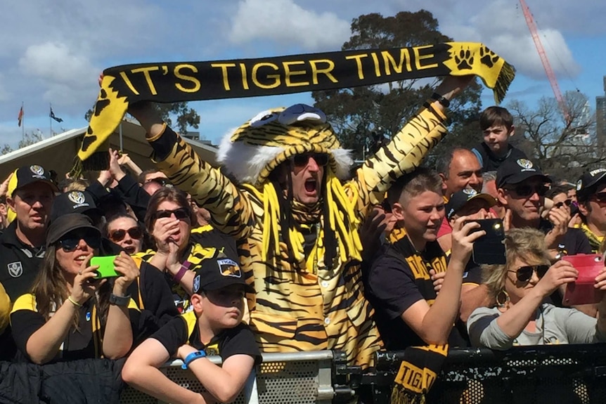 A man in a striped tiger-print shirt and extravagant headgear yells happily while holding a scarf reading 'it's tiger time'.