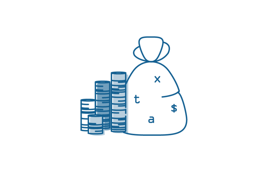 Icon drawing of pile of coins and bag full of money.