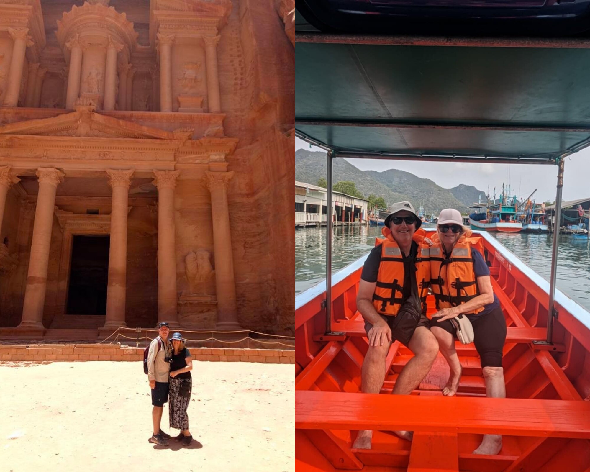 Two photos of an older couple on holidays, outside a stone building and in a boat.