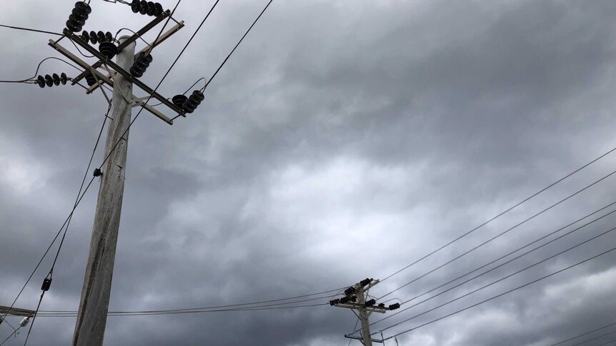 electricity poles and wires under a grey sky