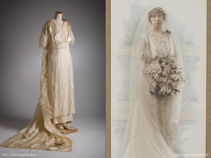 Olive Jones nee Booth and her wedding dress, 1915.