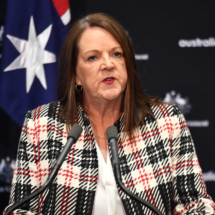 Alison McMillan looks slightly to the right as she stands at a podium with two microphones on it. Her short brown hair is down.
