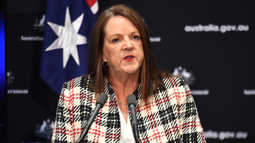 Alison McMillan looks slightly to the right as she stands at a podium with two microphones on it. Her short brown hair is down.