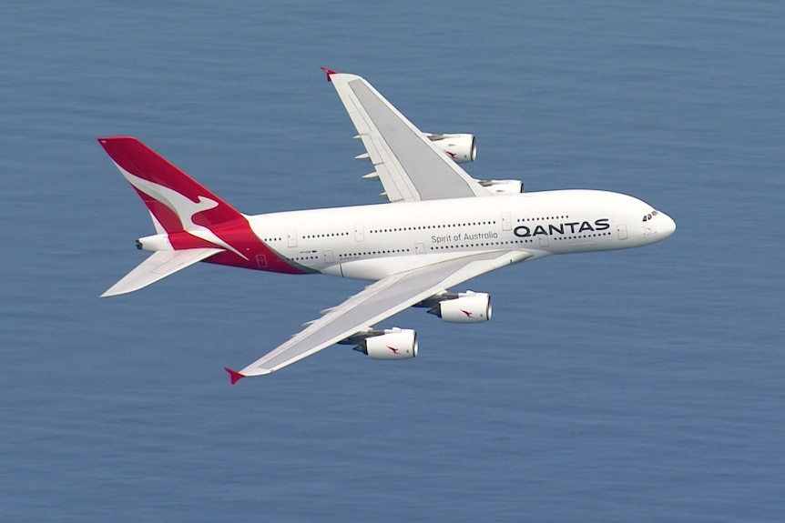 A Qantas A380 flies in the sky