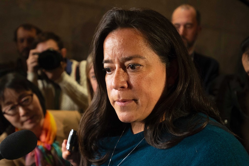 A head shot of Jody Wilson-Raybould as she speaks to press.