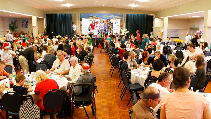 Crowd at Colony47 Christmas Day charity lunch, Hobart 2016.