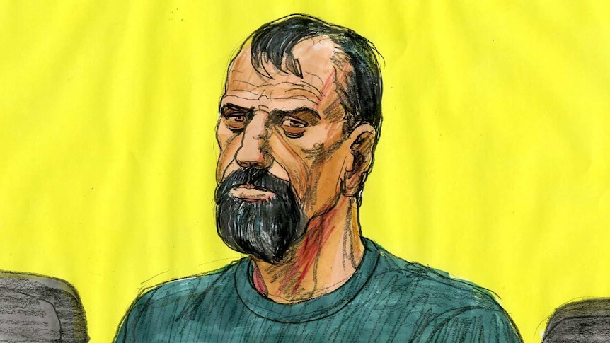 A sketch of Adam Bardic in court. He has short black hair and a thick black moustache and beard.
