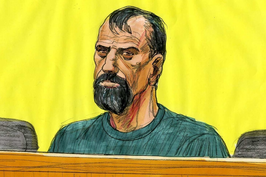 A sketch of Adam Bardic in court.
