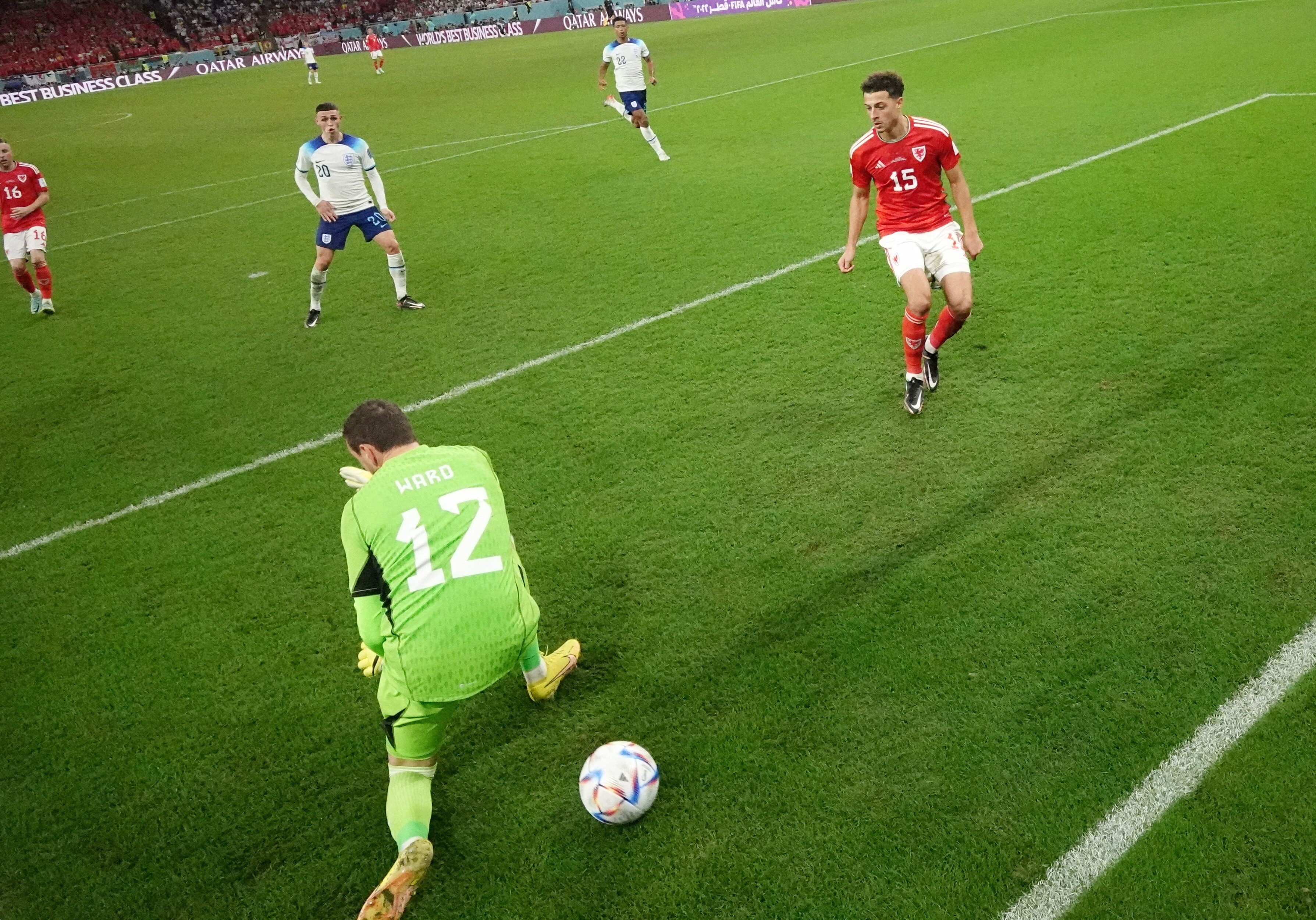 The ball sneaks through Danny Ward's legs near the goalline
