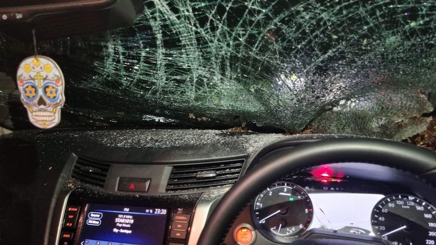 A shot from the drivers seat of a car, with the windscreen smashed in.
