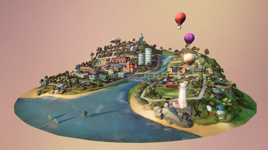 Screen shot of animated town called Mt Resilience.