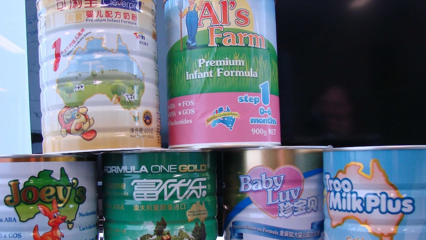 Tins of Australian infant milk formula called Joeys, Gold Roo and Al's Farm