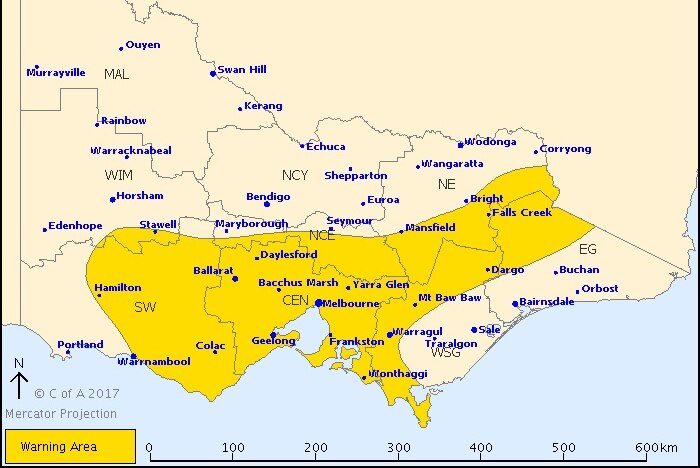 A severe weather warning is issued for Victoria.