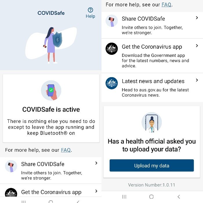 Two screenshots of the Australian Government's coronavirus contact tracing app COVIDSafe running on an Android phone.