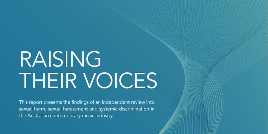 Plain text reading: "Raising Their Voices" against a simple wire graphic on blue background