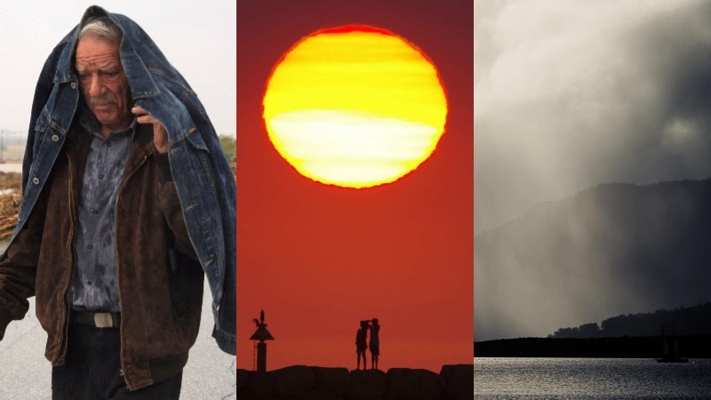 A composite image of a man walking in the rain, of a sunset, and of rain falling over a bay.