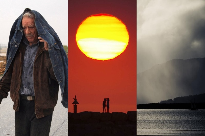 A composite image of a man walking in the rain, of a sunset, and of rain falling over a bay.