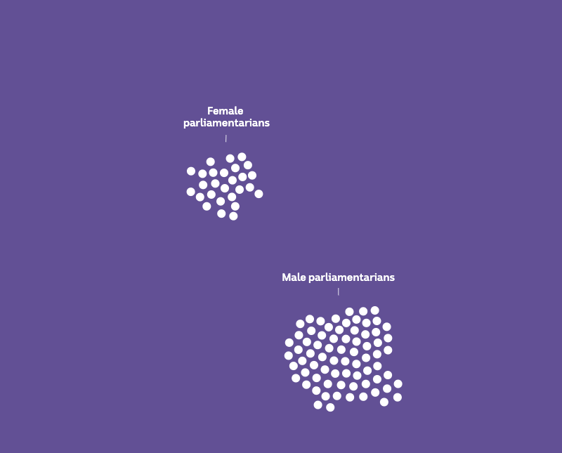 100 white dots in two groups - male parliamentarians has considerably more dots than female