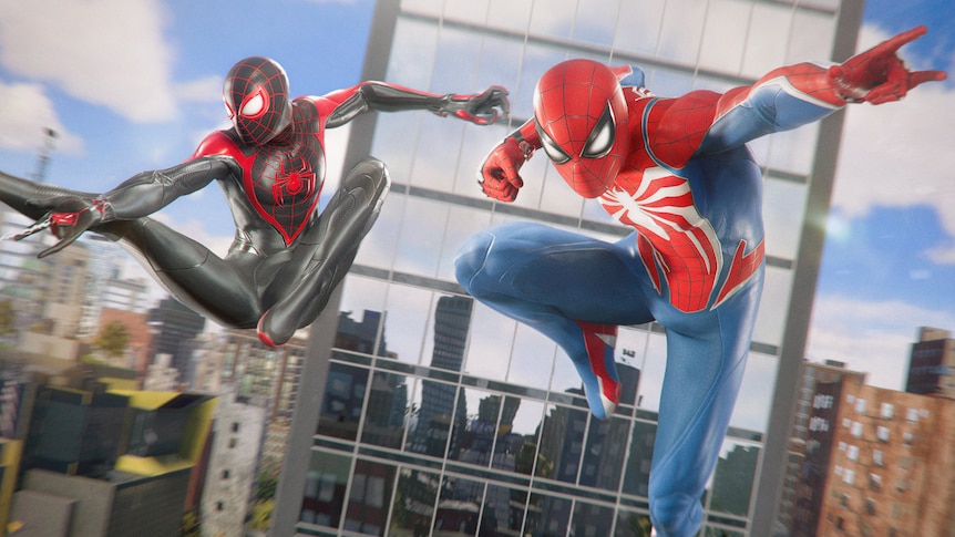 Two spider-men above the New York City skyline