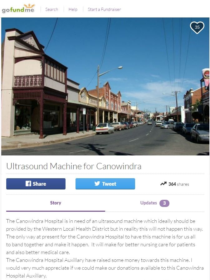 A screenshot of a crowdfunding page with the picture of a town main street in it