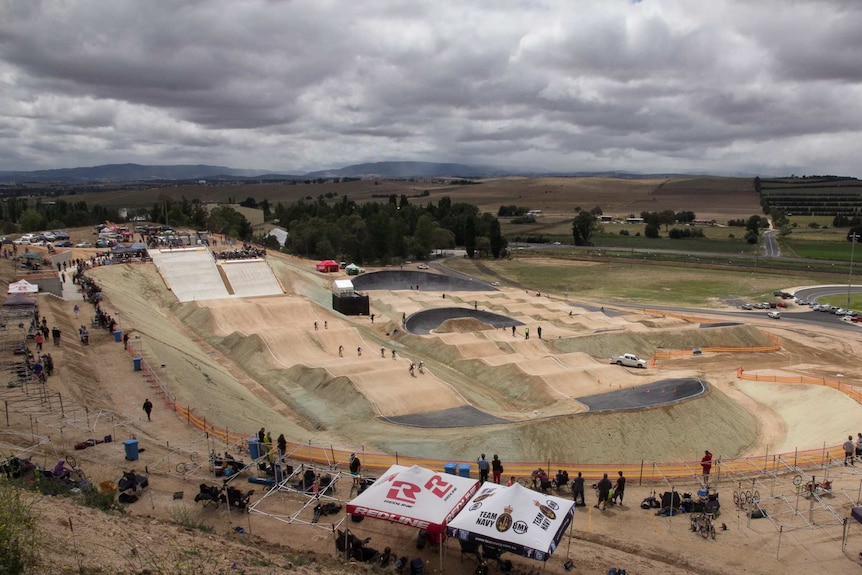 From above, the bumps and hills of a large BMX complex